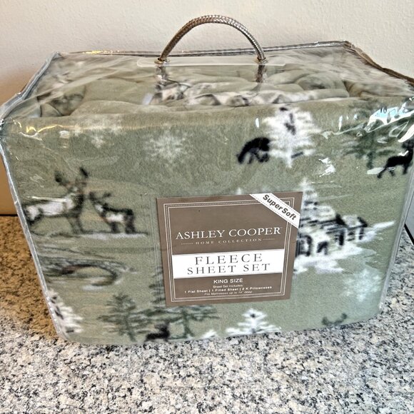 Ashley Cooper King Fleece Sheet Set Flat Fitted Pillowcases Cabin Bedding Decor - Picture 1 of 4